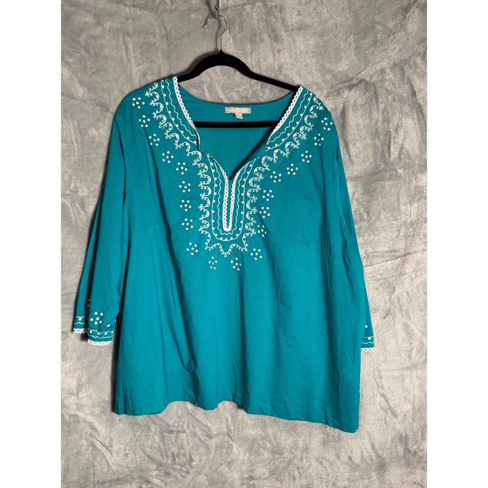 Woman‎ Within Teal Blue Embroidered Sequin Tunic Top 2X Cotton Boho Blouse